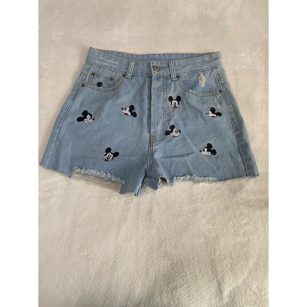 Mike Mouse Print Distressed Denim Junior Girls Shorts Size M